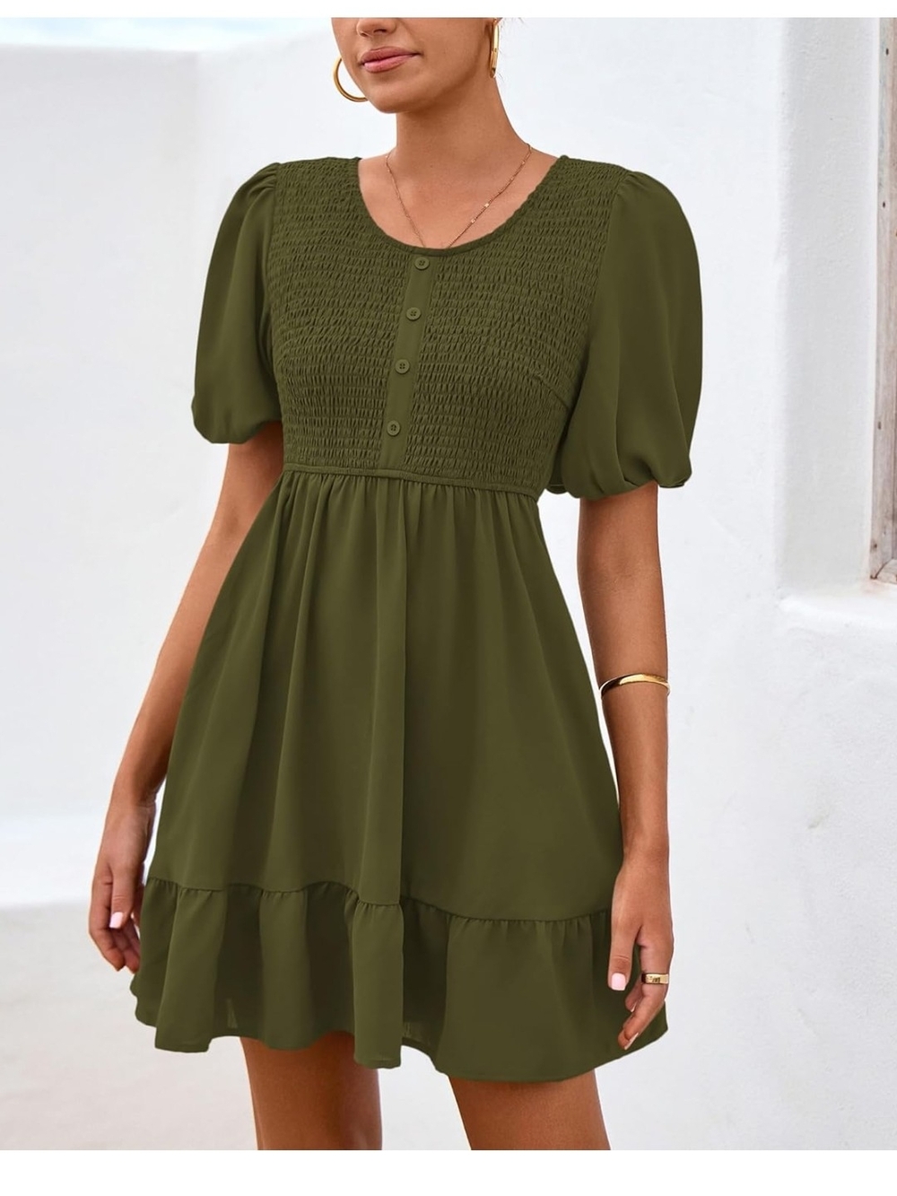 Olive Smocked Mini Dress with Puff Sleeves
